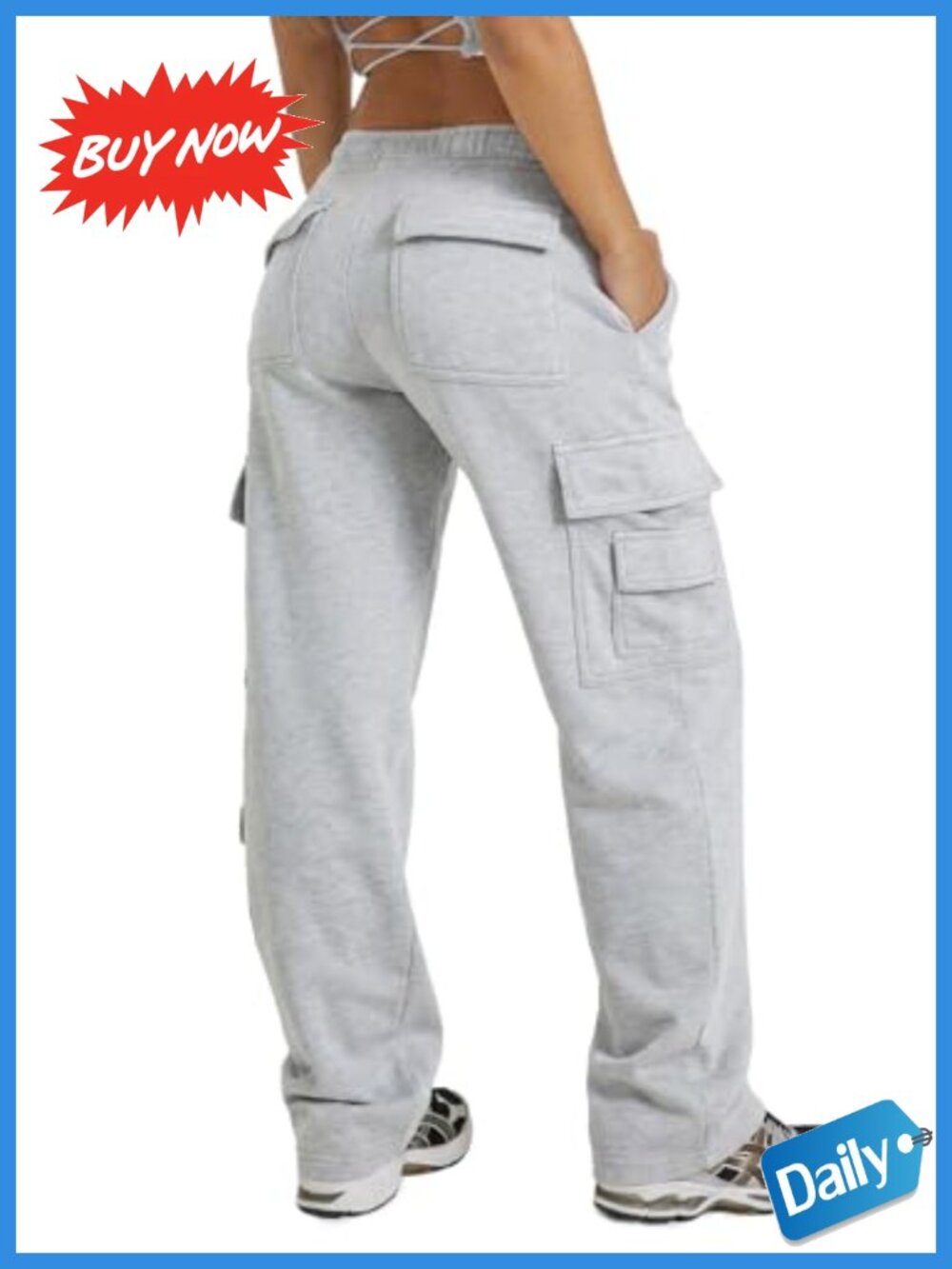Wide Leg Fleece Cargo Sweatpants Cotton Blend High Rise